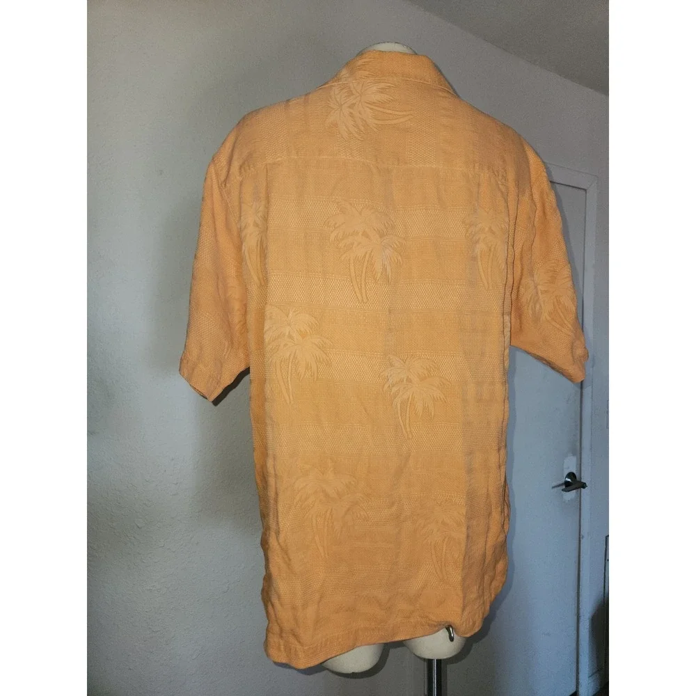 Tommy Bahama Mens M Orange 100% Silk Palm Tree Jacquard Camp Shirt beach coastal
